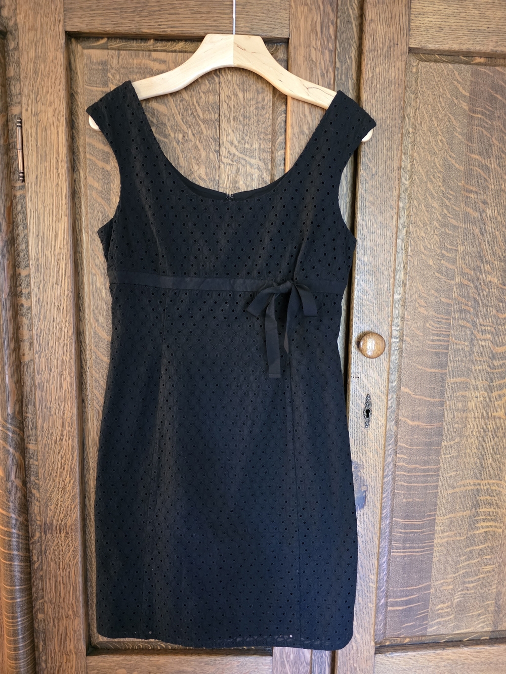 Vintage 90's Ann Taylor Black Eyelet Mini Dress Empire Waist Grosgrain Bow 8P